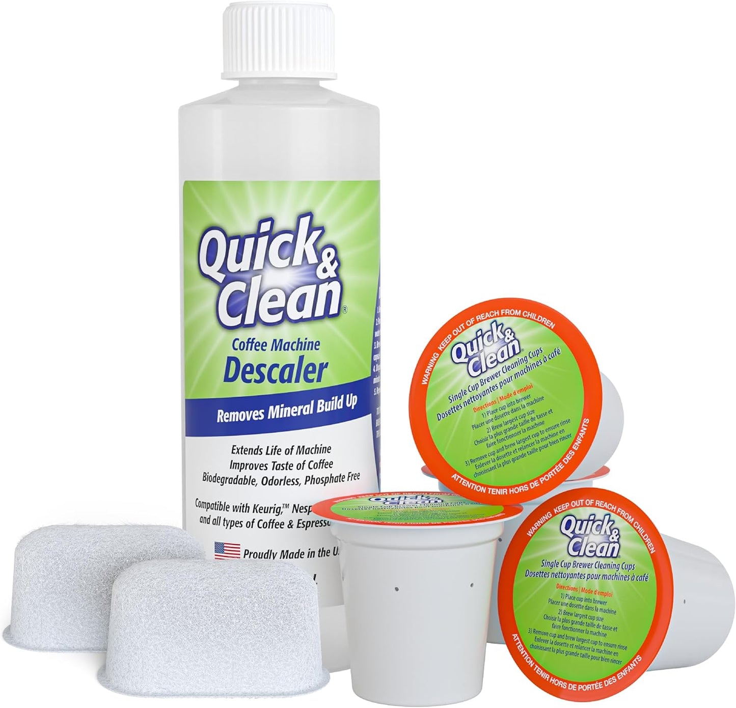 Quick & Clean 4-Pack of Cleaning Cups + 2 Filters with Descaler Bundle (2 Total Uses) - 2.0 Compatible, Descaling Solution for Keurig, Nespresso, Ninja, Delonghi, All Coffee and Espresso Machines…