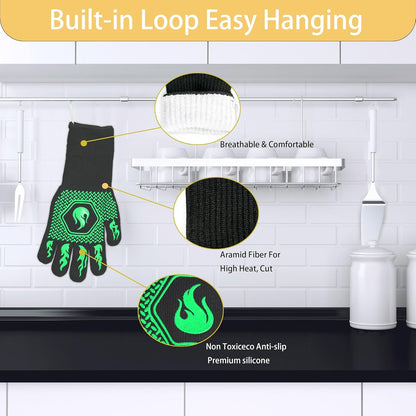 BBQ Fireproof Gloves, Grill Cut-Resistant Gloves 1472°F Heat Resistant Gloves, Non-Slip Silicone Oven Gloves, Kitchen Safe Cooking Gloves for Oven Mitts,Barbecue,Cooking, Frying,13.5 Inch-Green