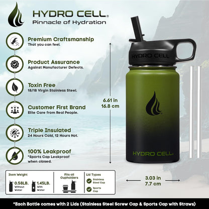 HYDRO CELL Stainless Steel Insulated Water Bottle with Straw - For Cold & Hot Drinks - Metal Vacuum Flask with Screw Cap and Modern Leakproof Sport Thermos for Adults (Army/Black 14oz)