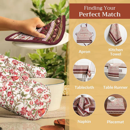 Maison d' Hermine 100% Cotton Oven Mitt & Pot Holder Set (7.5"x13" & 8"x8") Heat Resistant BBQ Cooking Gloves with Loop, Baking, Grilling, Kitchen, Handling Hot Pans (Reveillon Au Jardin)