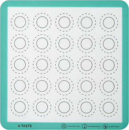 446ºF Heat Resistant Macaron Mat: U-Taste 11x11in Non Stick Silicone Baking Mat, Reusable Cookies Pastry Sheet Liner with Edge Enhancement & Circle Measurement for Square Cake Pan (Aqua Sky)