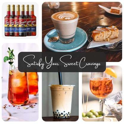 Jimoco Syrup Pump & Torani Syrup Bundle - Fruit Bowl Syrup 6 Pack Summer Flavors, Raspberry, Strawberry, Blackberry, Cherry, Orange and Peach - For Italian Soda Coffee, Lattes, Frappes With 6 Pump Dispensers