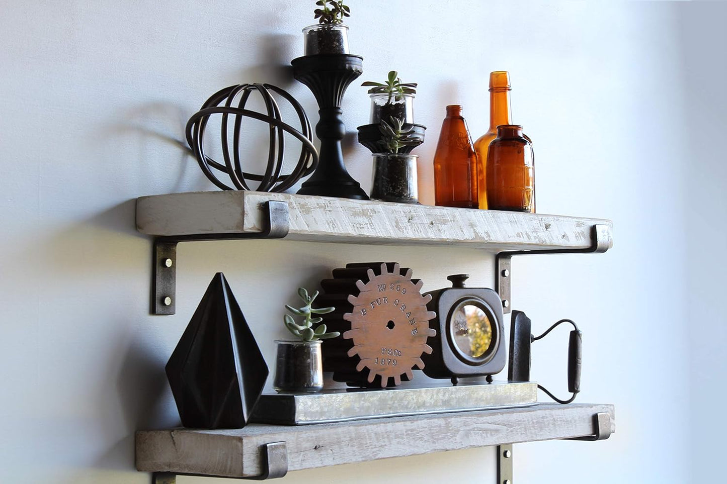 Urban Legacy Accent Shelves | Reclaimed Barn Plank | Set of 2 with Full Brackets (White Wash 40" x 4.5" x 2")