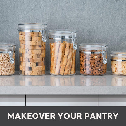 Oggi 4pc Clear Canister Set with Clamp Lids & Spoons - Airtight Food Storage Containers, Ideal for Kitchen & Pantry Storage of Bulk, Dry Food Including Flour, Sugar, Coffee, Rice, Tea, Spices & Herbs