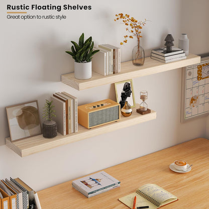 Vivelove Natural Wood Floating Shelves 36”，8 inch Deep Floating Shelf with Invisible Brackets, Unfinished Wall Shelves for Living Room, Bathroom, Kitchen, Bedroom, Home Decor, Set of 2 - Natural