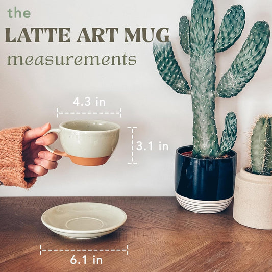 Mora Ceramic Latte Art Mug With Saucer - 10.5 oz, Round Bottom For Perfect Pours - Cafe Cups for Cappuccino, Espresso, Coffee, Tea etc - Porcelain Set for Baristas, Great Gift - Light Matcha