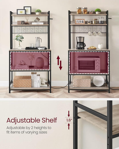 VASAGLE Hutch Bakers Rack with Power Outlet, 14 Hooks Microwave Stand, Adjustable Coffee Bar with Metal Wire Panel, Kitchen Storage Shelf, 15.7 x 31.5 x 66.9 Inches, Greige and Black UKKS025B02