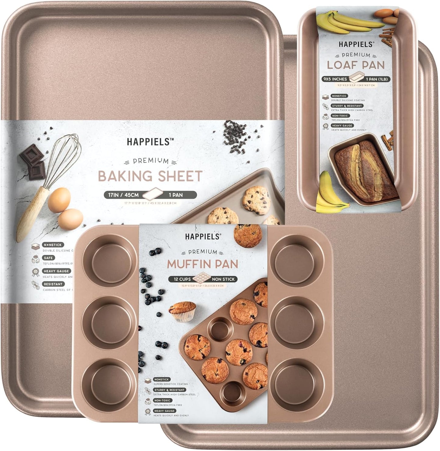 Premium PFOA free Nonstick Baking Pans Bundle of 4 items: 13 x 18 inch Half Baking Sheet Set of 2, 5 x 9 inch Loaf Bread Pan, 9 x 13 inches Cake Baking Pan