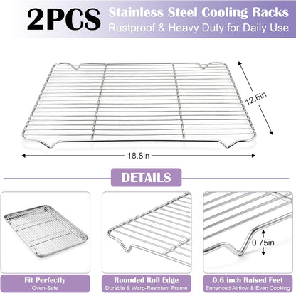 E-far Large Baking Sheet with Wire Rack (2 Pans + 2 Racks), 20 x 14 Inch Stainless Steel Cookie Pans Tray & Cooling Rack for Baking, Non Toxic & Heavy Duty & Rust Free, Oven & Dishwasher Safe