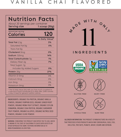Truvani Vegan Pea Protein Powder | Vanilla Chai | 20g Organic Plant Based Protein | 20 Servings | Keto | Gluten & Dairy Free | Low Carb | No Added Sugar