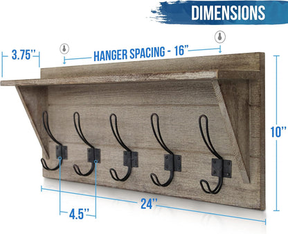 HBCY Creations Rustic Wall Mounted Coat Rack with Shelf - Solid Wood 24" Entryway Shelf with 5 Coat Hangers. Perfect Touch for Your Entryway, Mudroom, Kitchen, Bathroom and More, Weathered Brown