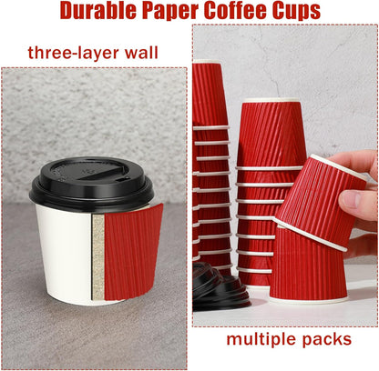 Uiifan 100 Set 4oz Disposable Espresso Cups with Lids Ripple Corrugated Paper Disposable Coffee Insulated Hot Ripple Cups for hot Chocolate, Tea, and Cocoa Drinks(Red)