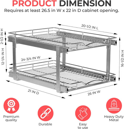 HOLDN’ STORAGE Two Tier Pull Out Cabinet Organizer, Individual Sliding Drawers - Heavy Duty Metal with Lifetime Limited Warranty - Anti Rust Chrome Finish - 26" W x 21”D x 16.5" H