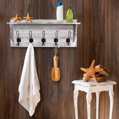 HBCY Creations Rustic Wall Mounted Coat Rack with Shelf - Solid Wood 24" Entryway Shelf with 5 Coat Hangers. Perfect Touch for Your Entryway, Mudroom, Kitchen, Bathroom and More, Whitewash