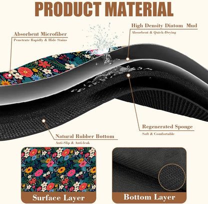 Dish Drying Mat Colorful Flowers and Leaves Coffee Bar Mat for Countertop Absorbent Hide Stain Rubber Backed Dish Drainer Rack Pad Espresso Machine Table Accessories Dining Room Decor 11.8 x 19.7 Inch