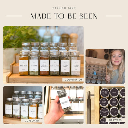 Glass Spice Jars with Labels with Metal Lids and Shakers Minimalist 36 Pack Set, 4oz Small Clear Empty Spice Bottles Seasoning Containers with Label Organizer Square Herb Seasoning Jars for Kitchen