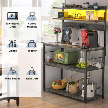 Aheaplus Bakers Rack with Power Outlet, Microwave Stand, 5 Tiers Coffee Bar Station with Led Lights, Kitchen Storage Shelf with 6 S-Shaped Hooks, Kitchen Rack Coffee Bar Stand, Grey Oak