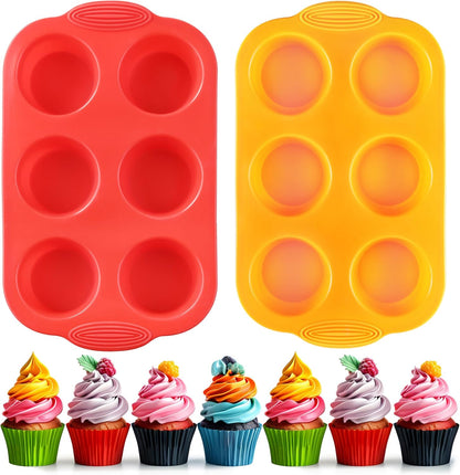 2PCS Silicone Muffin Cupcake Pan Molds, 6-Cavity Non Stick Silicone Muffin Pans for Baking Muffin, Cupcakes, Brownies and More, Food Grade and BPA Free (Orange and Red)