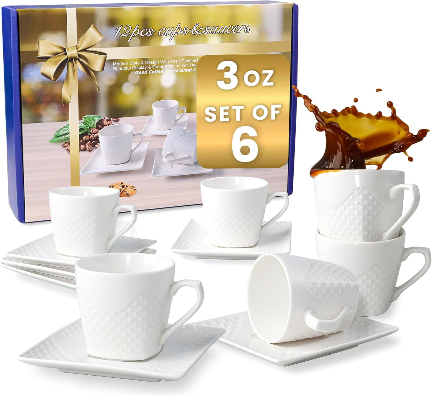 Espresso Cups With Saucer 3oz/90ml, Turkish Coffee Cup Set, White Espresso Cups Set of 6 Italian Style, Demitasse Espresso Cup Set, Modern Espresso Coffee Cups, Tasas de Cafe Expreso Modernas