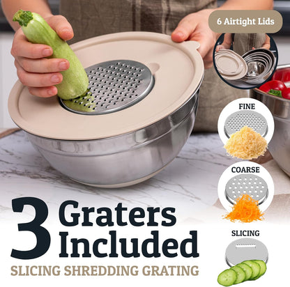 Priority Chef Stainless Steel Mixing Bowls with Lids Set - Premium 30Pcs with 6pc Metal Bowl Set for Kitchen, 3 Graters, Airtight Lids, Non-Slip Bases & Silicone Utensils, Khaki