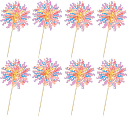 Ephlyn 30Pcs Foil Firework Cupcake Toppers Happy Birthday Cake Toppers Tinsel Flower Drink Stirrers Cocktail Food Fruit Toothpicks for Valentine's Day Party Decorations Orange