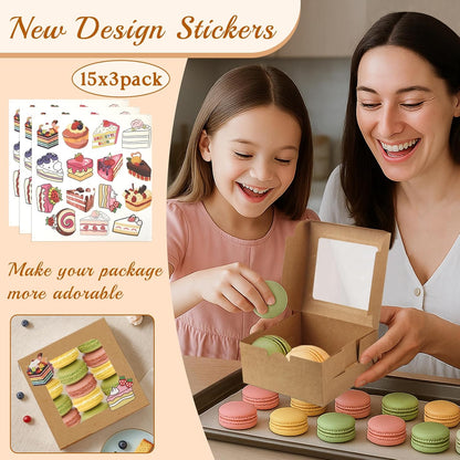 OAMCEG 30 Pack Cookie Boxes with Window, 6x6x3 Inches Brown Bakery Treat Boxes with Stickers & Twine for Pastry, Desserts, Strawberries, Cupcakes, Gift Giving