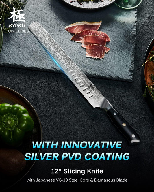 KYOKU Gin Series 12" Brisket Slicing Knife, Meat Carving Knife with Silver PVD Coating Mosaic Pin Handle for Professional Chef & Home Cook, Japanese VG10 Steel Slicer for Meat Fruit Vegetables