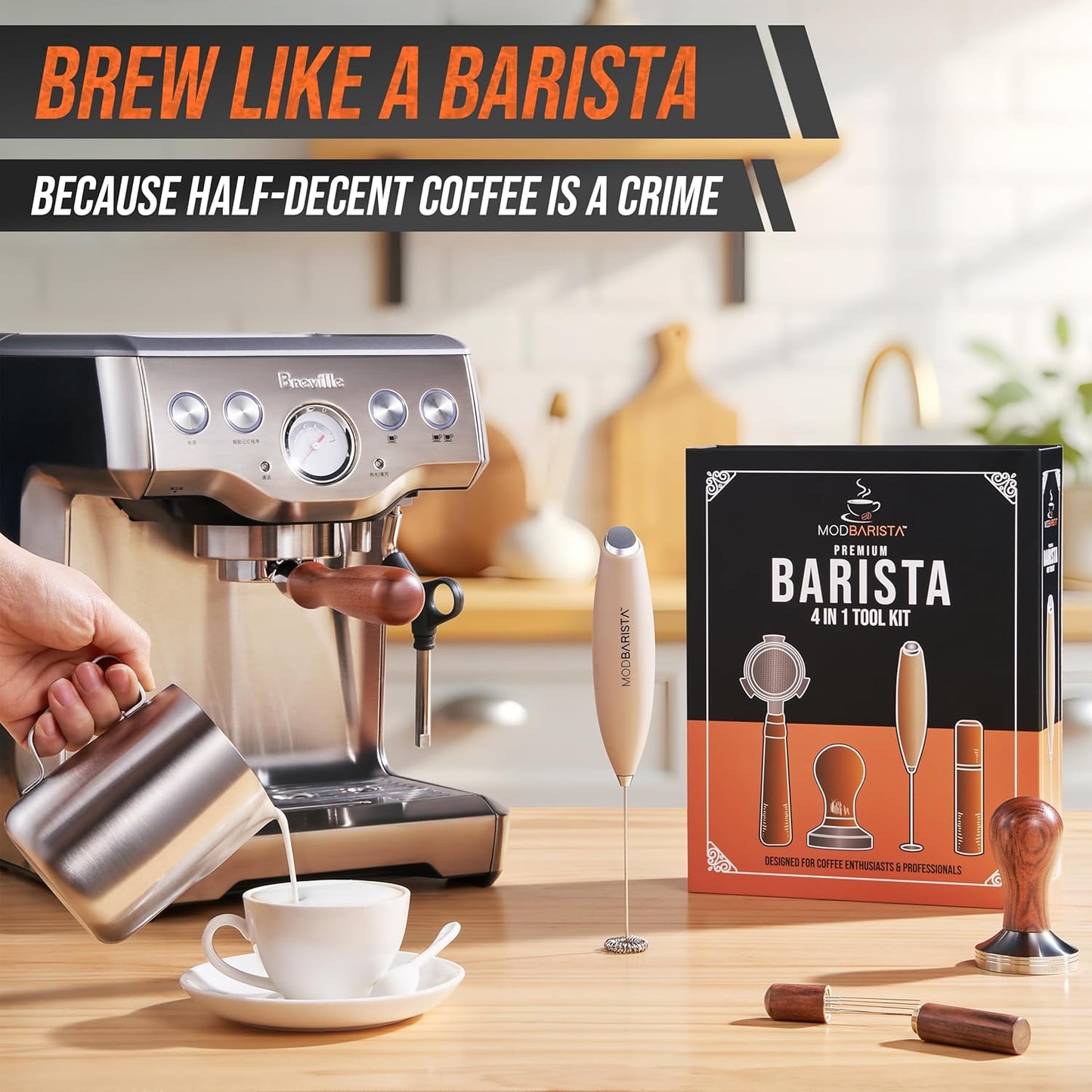 54mm Bottomless Portafilter-Tamper-Milk Frother-WDT Tool-Breville-Rosewood -Barista Coffee Espresso machine Accessories-Premium-Gift for Coffee Lovers MODBARISTA Premium Barista 4-IN-1 kit