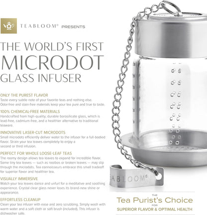 Teabloom Puresteep Glass Tea Infuser with Lid & Drip Tray – Borosilicate Glass Loose Leaf Steeper with Stainless Steel Chain – Non-Toxic – Small or Large Size