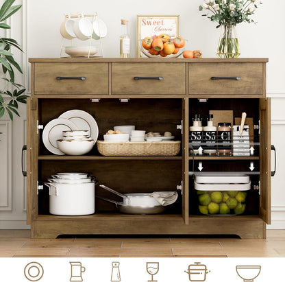 HOSTACK Modern Farmhouse Buffet Sideboard Cabinet, Barn Doors Storage Cabinet with Drawers and Shelves, Wood Coffee Bar Station for Dining Room, Kitchen, Living Room, Rustic Brown