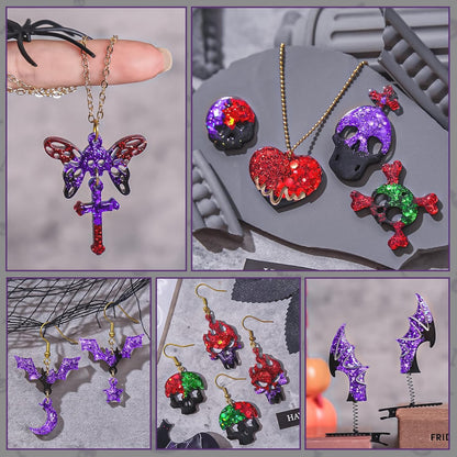 Halloween Resin Earrings Mold 3pcs Resin Jewelry Molds, Various Skull Silicone Molds Wing Hair Clips Mould, DIY Epoxy Ornaments Earring Pendants Necklaces Keychain Making Kit Holiday Gifts