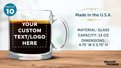 Custom Libbey Clear Glass Coffee Mugs 13 oz. Set of 10, Personalized Bulk Pack - Perfect for Coffee, Tea, Espresso, Hot Cocoa, Other Beverages - Clear Bottom