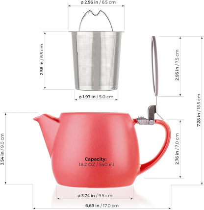 Tealyra - Pluto Porcelain Small Teapot Red - 18.2-ounce (1-2 cups) - Matte Finish - Stainless Steel Lid and Extra-Fine Infuser To Brew Loose Leaf Tea - 540ml