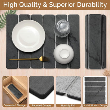2 PCS Stone Dish Drying Mat for Kitchen Counter,Quick Dry Stone Dishes Mats,Marbled Water Absorbing Diatomaceous Earth Drying Pad for Countertop Bottles Utensils Cups(Dark Gray 16"×12" & 8"x4")
