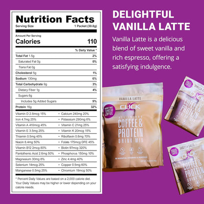 Click Coffee Protein Powder | Double Shot Espresso | 16g Protein | 23 Essential Vitamins | Low Calorie Meal Replacement | 150mg Caffeine | Gluten Free | No Artificial Flavors or Colors | Vanilla