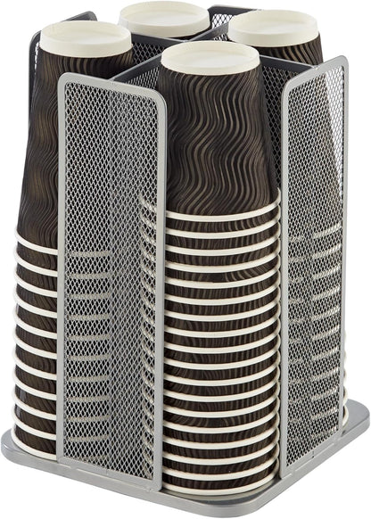 Annova Paper/Plastic Cup and Lid Holder Plastic Storage Organizer, 360°Rotating Coffee Mup Dispenser with 4 Compartments, Multifunctional Storage Rack for Home, Office, Bar, Coffee Shop (Silver)
