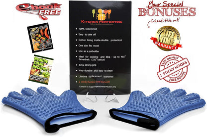 KITCHEN PERFECTION XL Silicone Smoker Oven Gloves-Extreme Heat Resistant BBQ Gloves-Handle Hot Food Right on Your Grill Fryer&Pit|Waterproof Grilling Cooking Baking Mitts|Superior Value Set+3 Bonuses