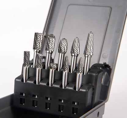 Carbide Burrs Set 10pcs Double Cut Solid Carbide Rotary Burr Set 1/4" Shank Die Grinder Bits for Steel,Metal Carving, Polishing,Engraving,Drilling