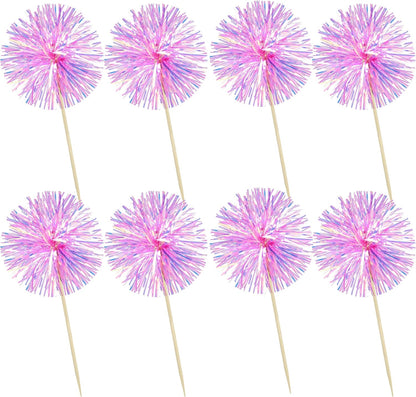 Ephlyn 30Pcs Foil Firework Cupcake Toppers Party Birthday Cake Toppers Supplies Sparkle Tinsel Cocktail Fruit Toothpick for Birthday Wedding Graduation Party Rose Red