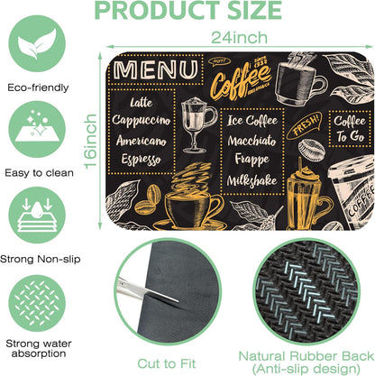 Vintage Coffee Poster Dish Drying Mat,16"X24" Absorbent Fast Dish Drying Mat for Kitchen Counter Pot and Pan, Kitchen Accessories