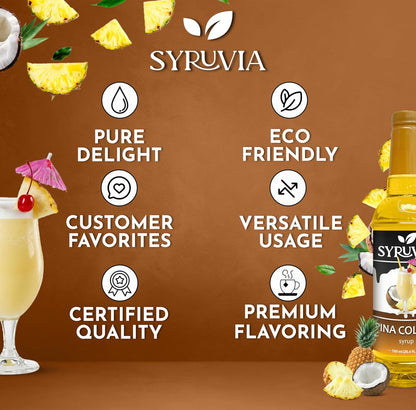 Syruvia Pina Colada Syrup - Premium Flavoring Syrup for Tea, Italian Sodas, Beverages, Desserts, Ice Cream, Cocktails & Mocktails - Kosher, Gluten Free - 25.4 fl oz.
