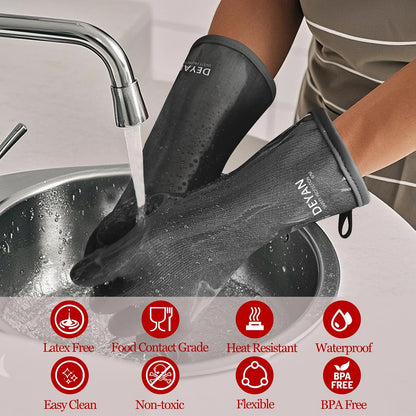 DEYAN Silicone BBQ & Oven Gloves - Food Grade, Heat Resistant Waterproof & Oil Proof Gloves for Grilling, Baking, Frying, Cooking - Long Sleeve & Non-Slip Grip, 1 Pair(Black, 10/XL)
