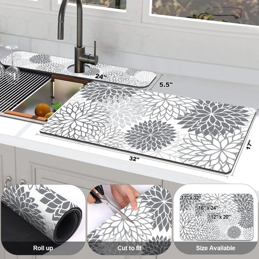 Findosom 2PCS 17" x 32" Dish Drying Mat & 24" x 5.5" Sink Splash Guard, Super Absorbent & Cuttable Dish Mat Drying Kitchen Mat with Gray Floral, Hide Stain Drying Mat for Kitchen Counter
