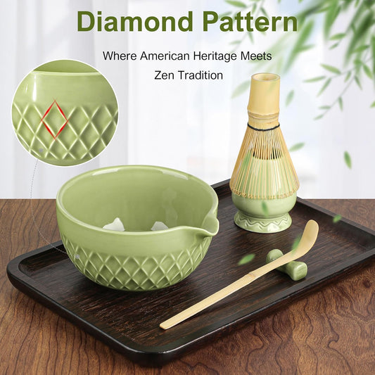 Matcha Whisk Set, 7 Pcs Matcha Kit, Ceramic Matcha Set Includes Matcha Bowl with Spout, Matcha Whisk and Holder, Bamboo Scoop, Scoop Rest, Sifter and Tea Towel (Matcha Green)