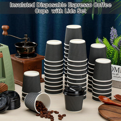 Uiifan 100 Set 4oz Disposable Espresso Cups with Lids Ripple Corrugated Paper Disposable Coffee Insulated Hot Ripple Cups for hot Chocolate, Tea, and Cocoa Drinks(Gray)
