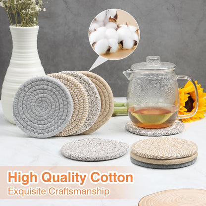 4.8" Khaki Cotton Coasters for Drinks Set of 2 – Absorbent Woven Drink Pads for Coffee & Tea, Boho Minimalist Cup Mats for Desk, Nightstand, Table, Giftable Neutral Coaster Set for Home or Office
