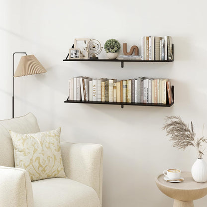 Heimlove Black Deep Floating Shelves for Wall, 36W x 8D Wood Wall Shelves Set of 2, Wide Floating Bookshelf for Living Room, Kitchen, Office, Bedroom and Decor Storage, with Metal Bracket - Black