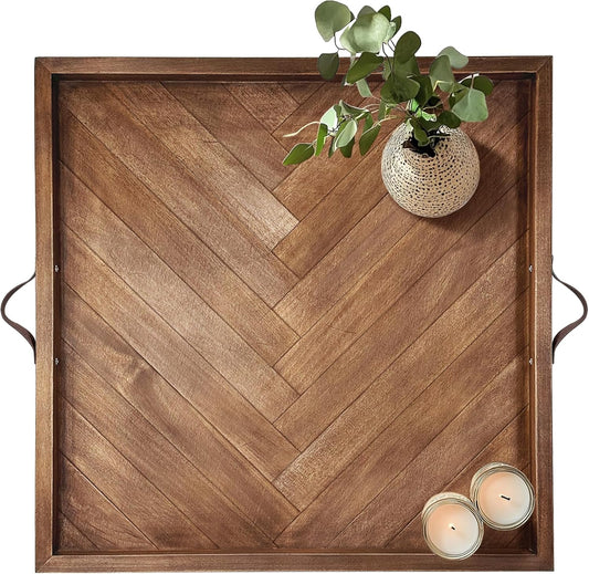 Tray for Ottoman 24 x 24 Inches, Square Ottoman Trays, Large Wooden Tray with Leather Handles, Food Serving Trays for Dinner, Breakfast, Snacks