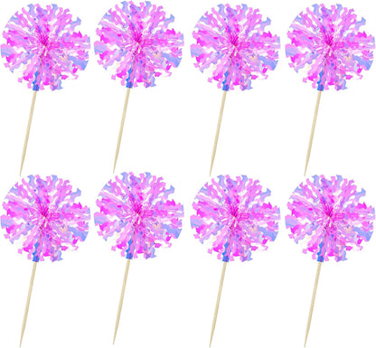 Ephlyn 30Pcs Foil Firework Cupcake Toppers Happy Birthday Cake Toppers Tinsel Flower Drink Stirrers Cocktail Food Fruit Toothpicks for Valentine's Day Party Decorations Rose Red