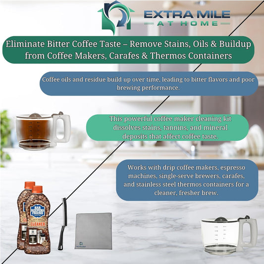 Coffee Maker Cleaning Kit 2 Bottles Heavy-Duty Descaler, Crevice Brush & 12"x12" Microfiber Cloth Removes Stains & Residue from Drip Coffee Pots, Espresso Machines